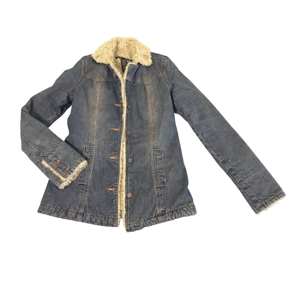 Vintage Abercrombie &‎ Fitch Denim Jacket Sz XS Faux Fur Sherpa Trucker Y2K Blue
